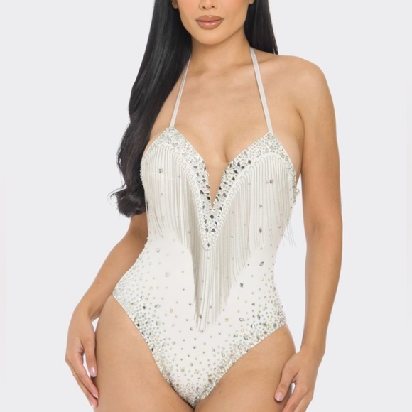 White bodysuit with clear crystals and fringes, stretchy,Size M - Picture 2 of 5